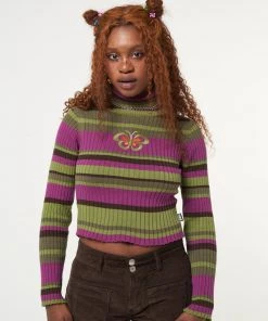 Minga London Clothing Butterfly Orchid Striped High Neck Ribbed Top