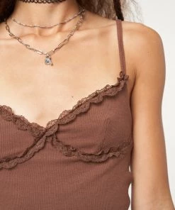 Minga London Chocolate Brown Lace Trim Cami Top Clothing
