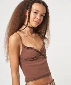 Minga London Chocolate Brown Lace Trim Cami Top Clothing