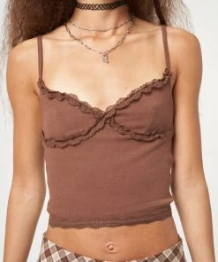 Minga London Chocolate Brown Lace Trim Cami Top Clothing