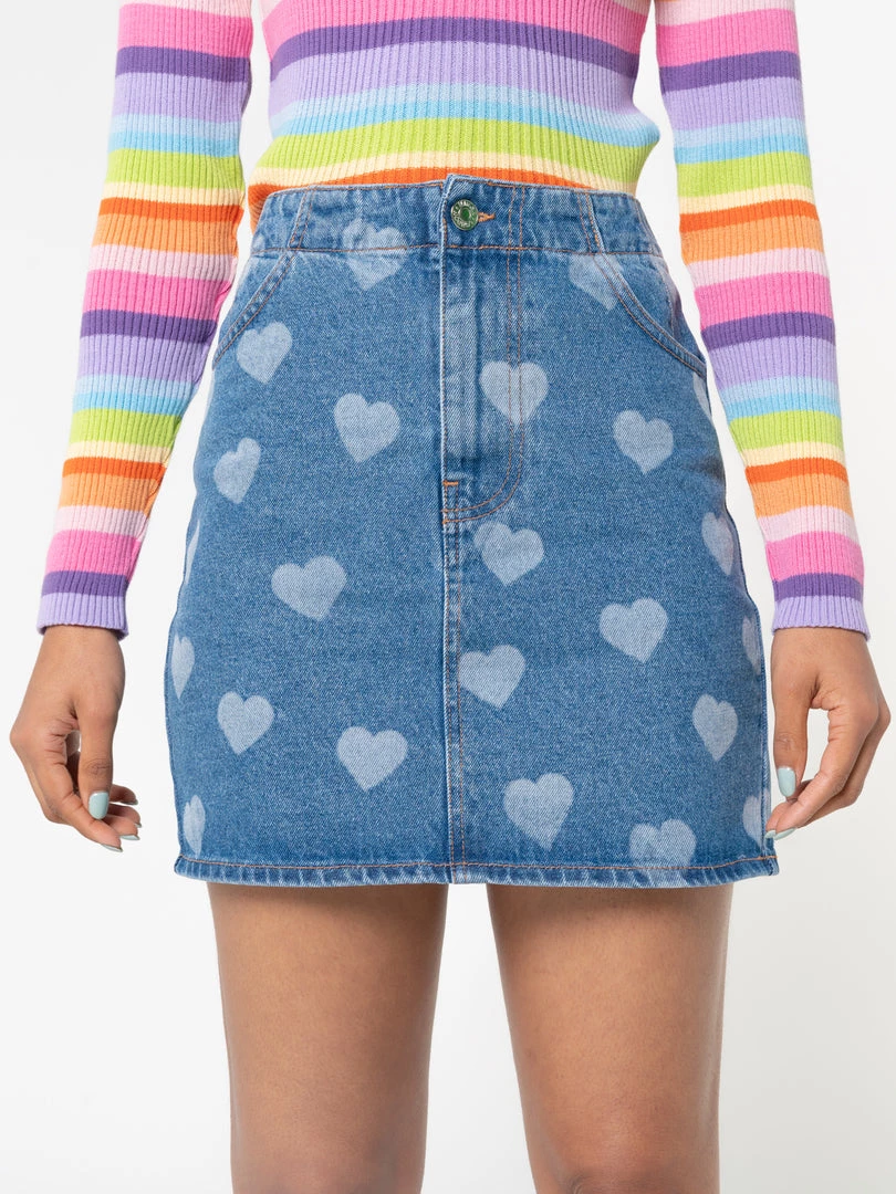 Minga London Clothing Heart Print Denim Mini Skirt