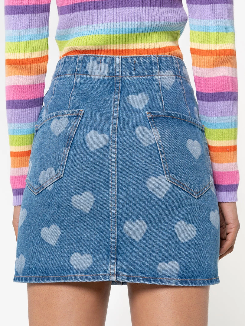 Minga London Clothing Heart Print Denim Mini Skirt
