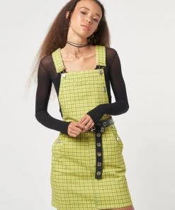 Minga London Lime Green Check Dungaree Dress Dresses & Overalls