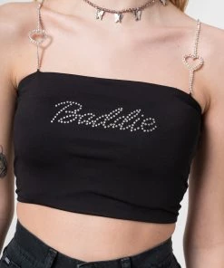 Minga London Clothing Baddie Rhinestone Heart Strap Crop Top