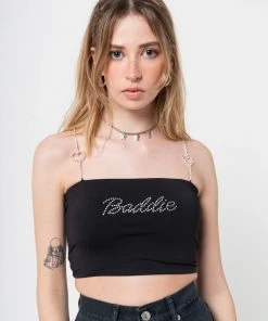 Minga London Clothing Baddie Rhinestone Heart Strap Crop Top