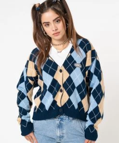 Minga London Blue Beige Argyle Knitted Cardigan