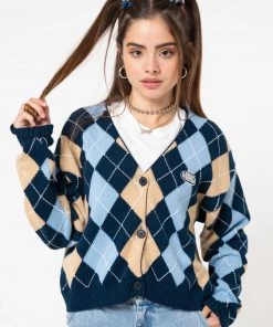 Minga London Blue Beige Argyle Knitted Cardigan