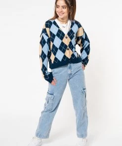 Minga London Blue Beige Argyle Knitted Cardigan