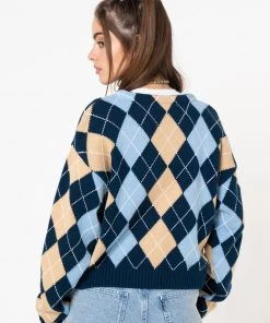Minga London Blue Beige Argyle Knitted Cardigan