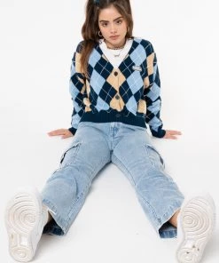 Minga London Blue Beige Argyle Knitted Cardigan