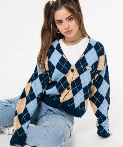 Minga London Blue Beige Argyle Knitted Cardigan