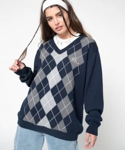 Minga London Blue Grey Argyle Knitted Jumper