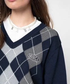 Minga London Blue Grey Argyle Knitted Jumper