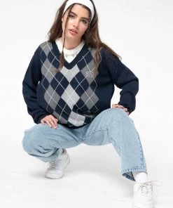 Minga London Blue Grey Argyle Knitted Jumper