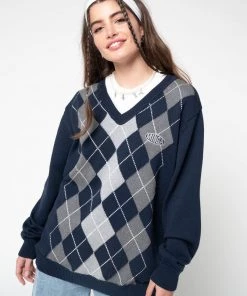 Minga London Blue Grey Argyle Knitted Jumper