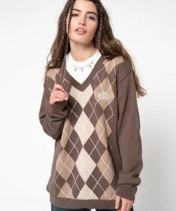 Minga London Brown Beige Argyle Knitted Jumper