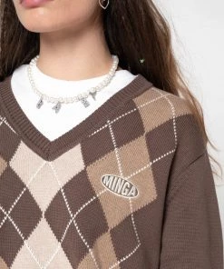 Minga London Brown Beige Argyle Knitted Jumper