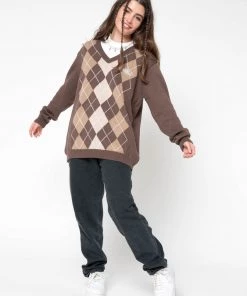 Minga London Brown Beige Argyle Knitted Jumper