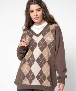 Minga London Brown Beige Argyle Knitted Jumper
