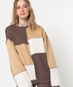 Minga London Clothing Brown Beige Patchwork Contrast Sweater