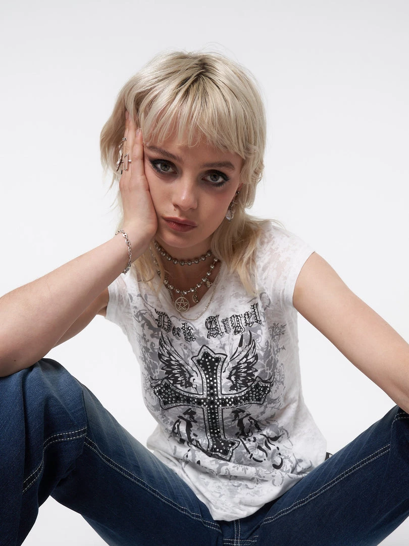 Minga London Dark Angel Rhinestone Devoré T-shirt Most Wanted