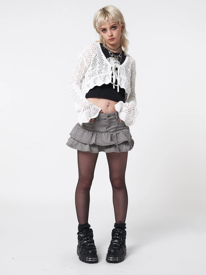 Minga London Elsie Tie Front Frill Crochet Crop Cardigan Most Wanted