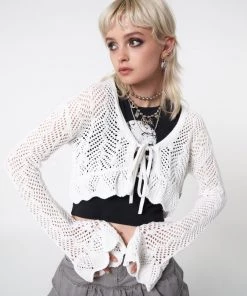 Minga London Elsie Tie Front Frill Crochet Crop Cardigan Most Wanted