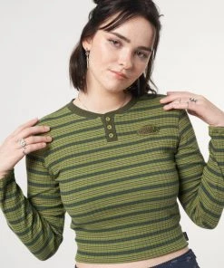 Minga London Emerald Striped Rib Half Button Top Clothing