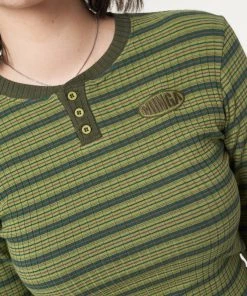 Minga London Emerald Striped Rib Half Button Top Clothing