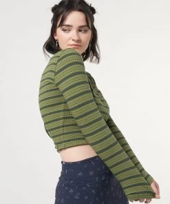 Minga London Emerald Striped Rib Half Button Top Clothing