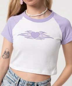 Minga London Tops & Tees Flaming Heart Raglan Crop Tee