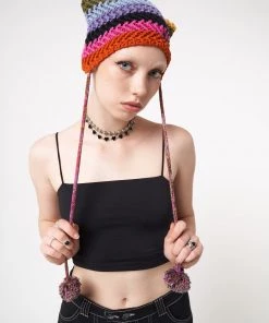 Minga London Joy Rainbow Stripes Knit Tie Hat