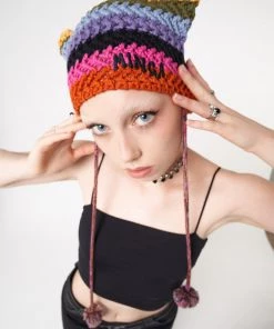 Minga London Joy Rainbow Stripes Knit Tie Hat