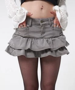 Minga London Most Wanted Kat Washed Grey Denim Y2k Mini Skirt