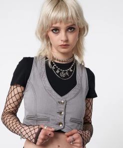 Minga London Liv Washed Grey Denim Y2k Waistcoat