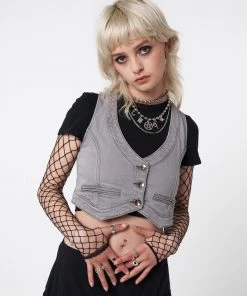 Minga London Liv Washed Grey Denim Y2k Waistcoat