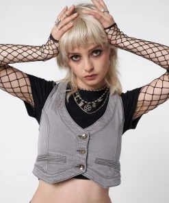 Minga London Liv Washed Grey Denim Y2k Waistcoat
