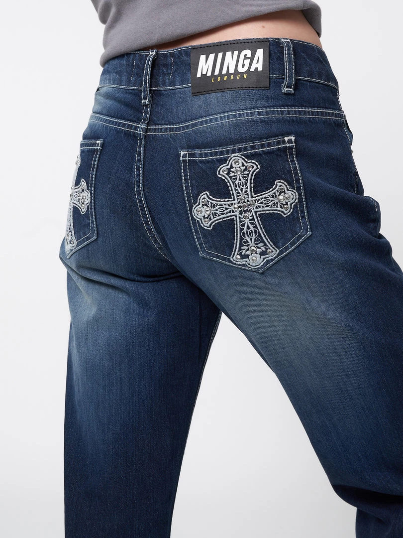 Minga London Mia Embellished Cross Pocket Y2k Jeans