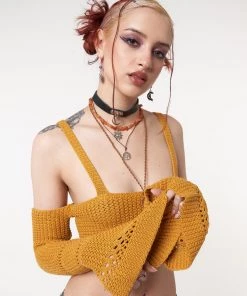 Minga London Most Wanted Ariel Golden Yellow Knitted Flare Crop Top