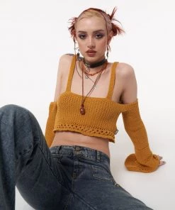 Minga London Most Wanted Ariel Golden Yellow Knitted Flare Crop Top