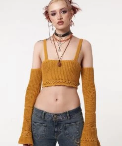 Minga London Most Wanted Ariel Golden Yellow Knitted Flare Crop Top