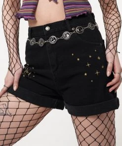 Minga London Astral Black Embroidered Denim Mom Shorts Most Wanted