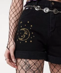 Minga London Astral Black Embroidered Denim Mom Shorts Most Wanted