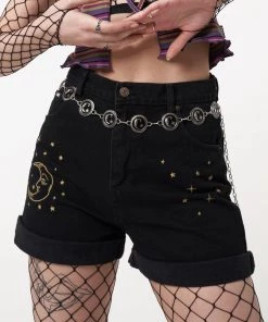 Minga London Astral Black Embroidered Denim Mom Shorts Most Wanted