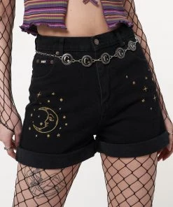 Minga London Astral Black Embroidered Denim Mom Shorts Most Wanted