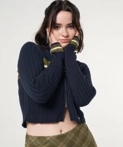 Minga London Clothing Bella Double Zip Striped Rib Cardigan