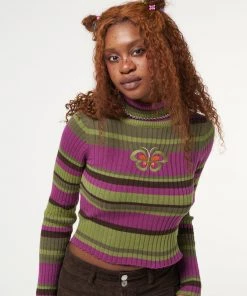 Minga London Clothing Butterfly Orchid Striped High Neck Ribbed Top