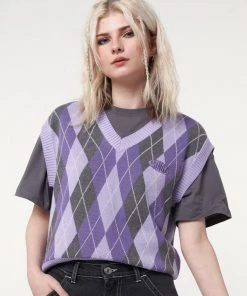 Minga London Cleo Argyle Purple Knit Vest Clothing