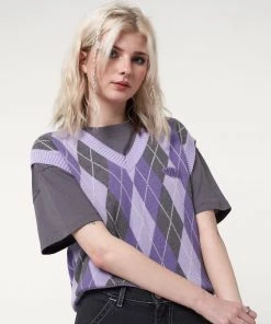 Minga London Cleo Argyle Purple Knit Vest Clothing