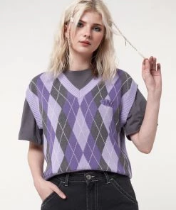 Minga London Cleo Argyle Purple Knit Vest Clothing